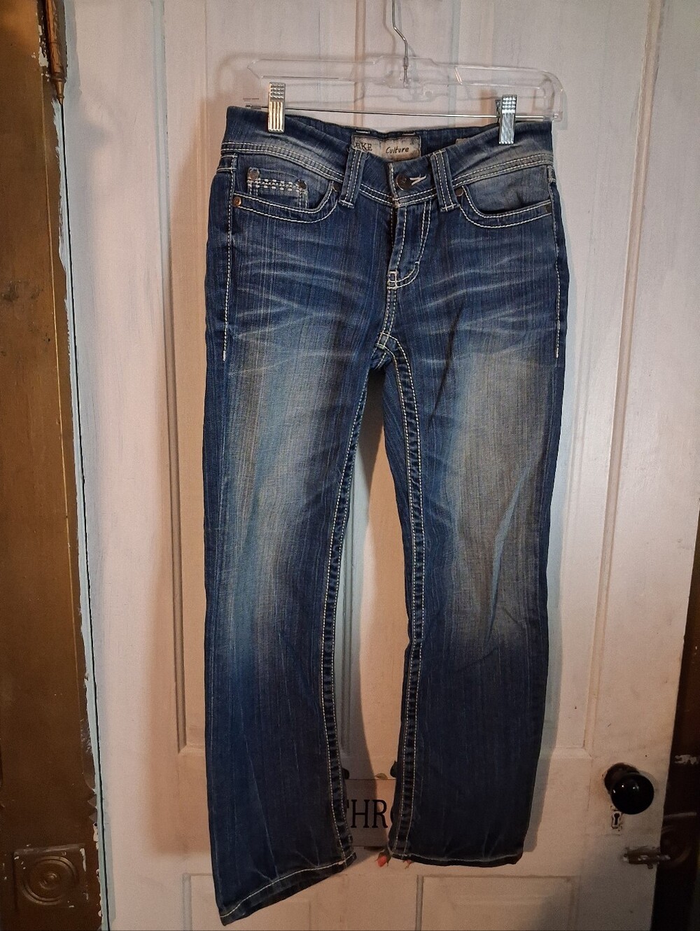 BKE Denim Women's Blue Distressed Straight-Leg Boot Cut Jeans Size 27" Waist